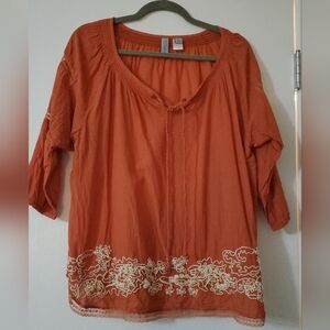 Sahalie Melon Orange Embroidered Boho Cotton Top, Seed Beads, Lace, XL, 14-16